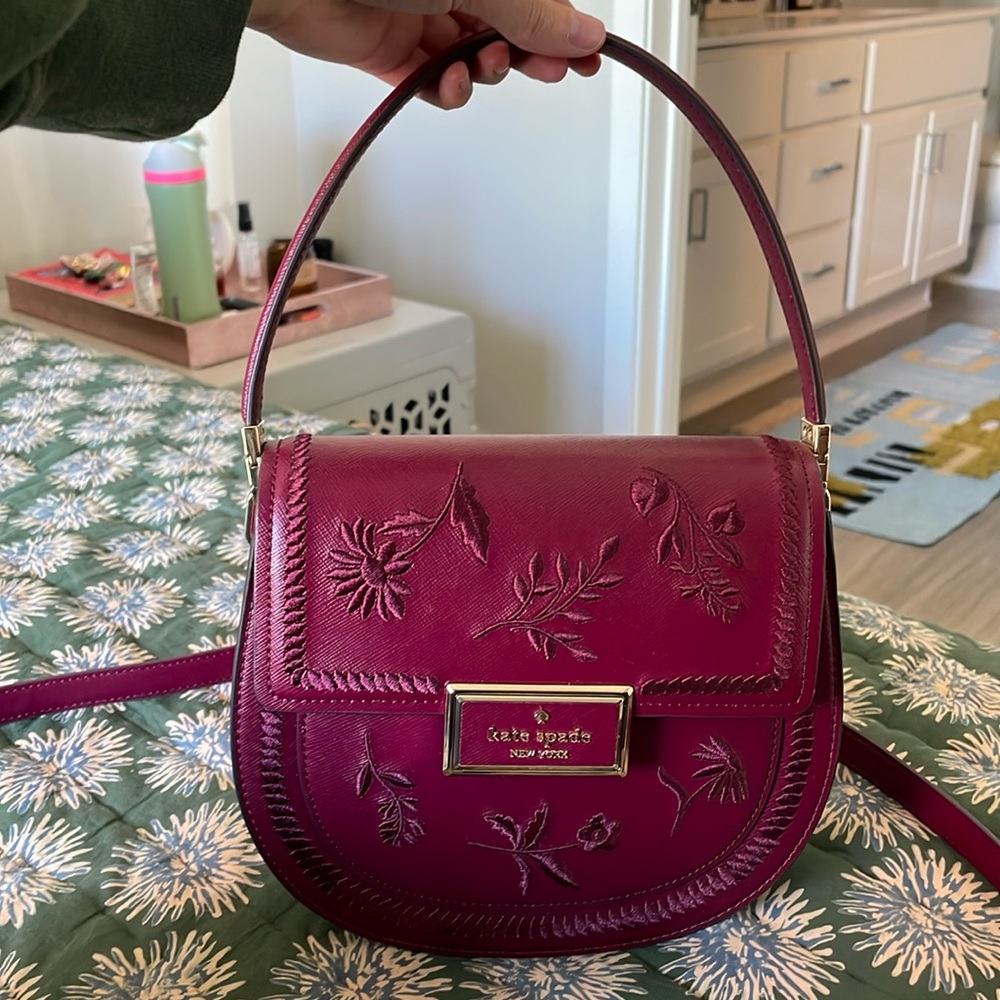 Kate Spade Reegan Botanical Embroidered Maroon Saddle Bag